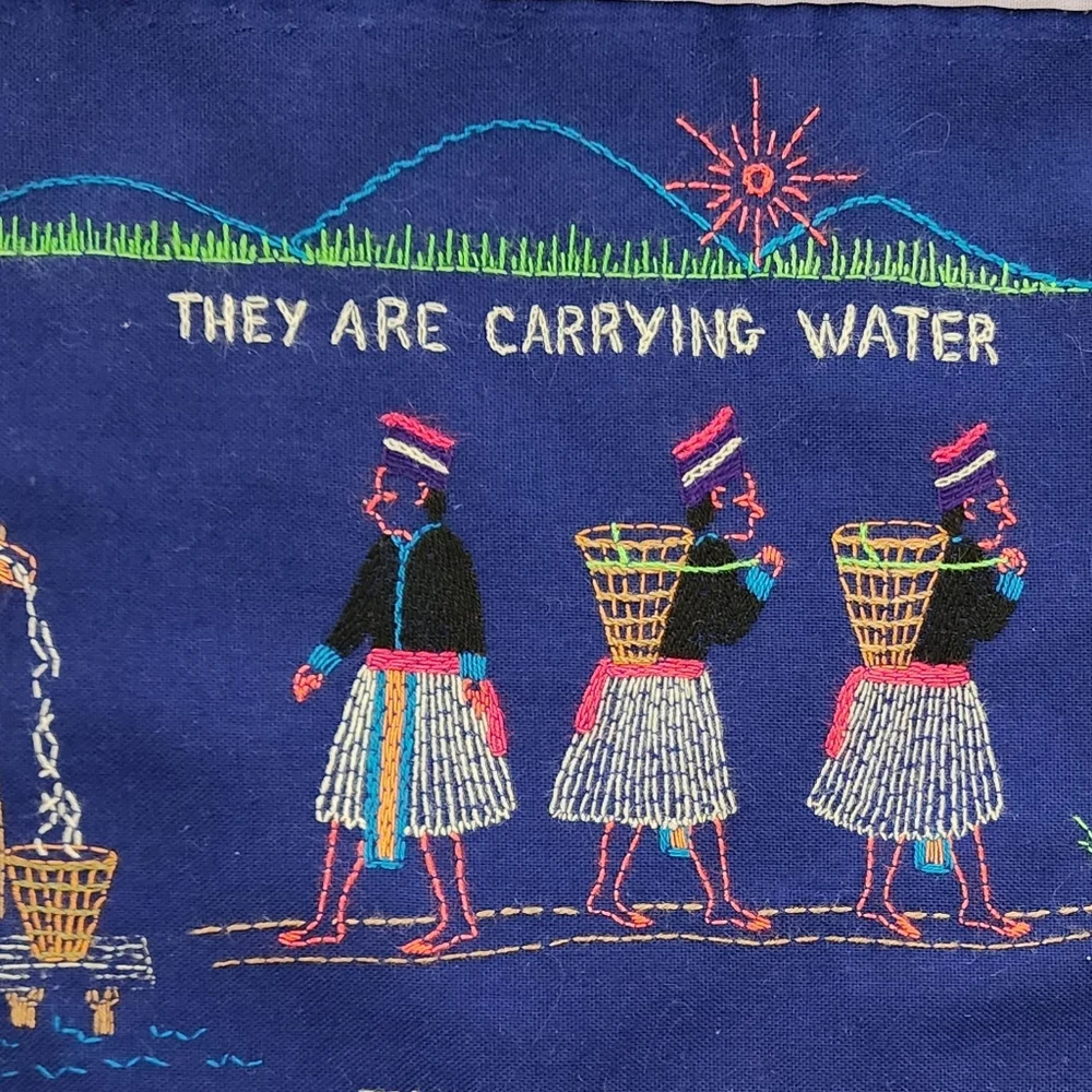 Handmade Pillow Cover Embroidered They Are Carrying Water Preparing Rice Zipper